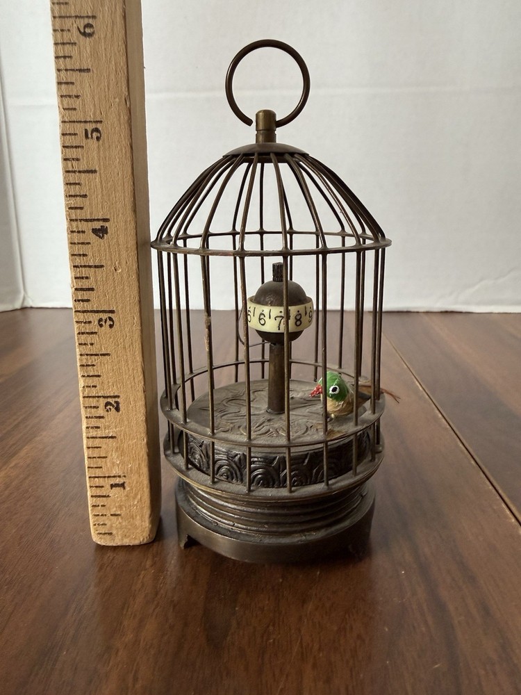 Mechanical Bird Cage Novelty Clock Bronze Finish Analog Display Rotating Dial