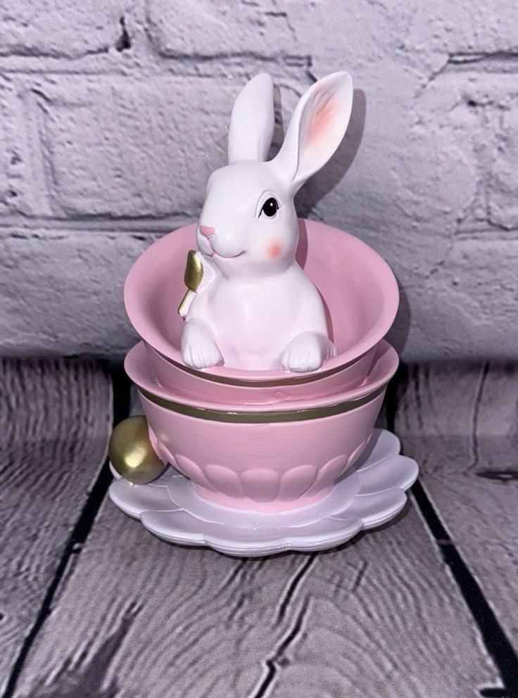 Easter Bunny Teacup Figurine Pink Stacked Cups Gold Egg Easter Decor Almost 4”