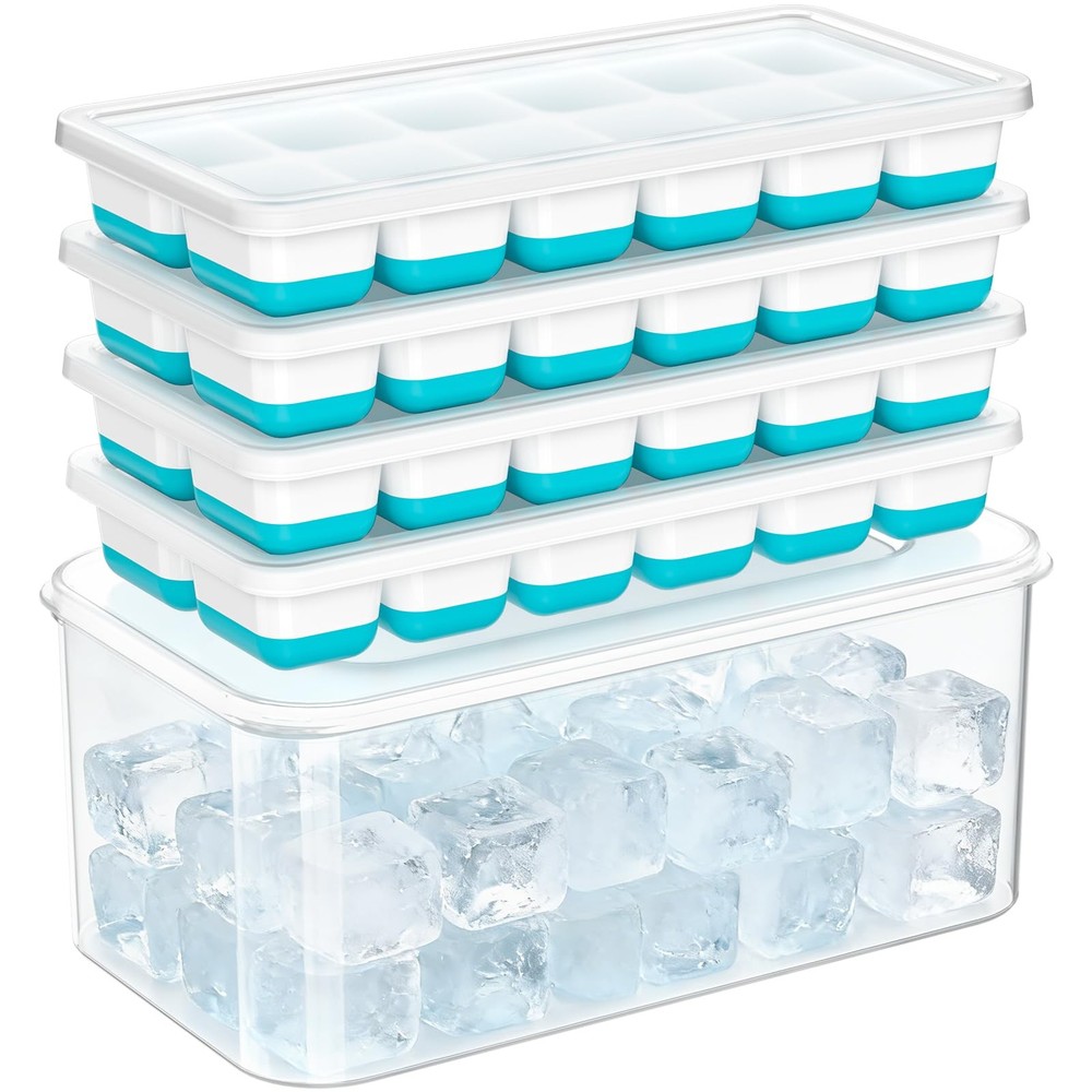 NFK Ice Cube Tray with Lid & Bin - 4 Pack 48 Cubes Stackable Silicone Blue