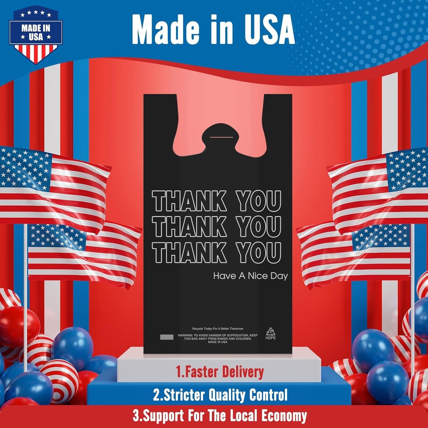 1000 Black Thank You T-Shirt Bags 12" x 6.5" x 21" Plastic Grocery Shopping Bags