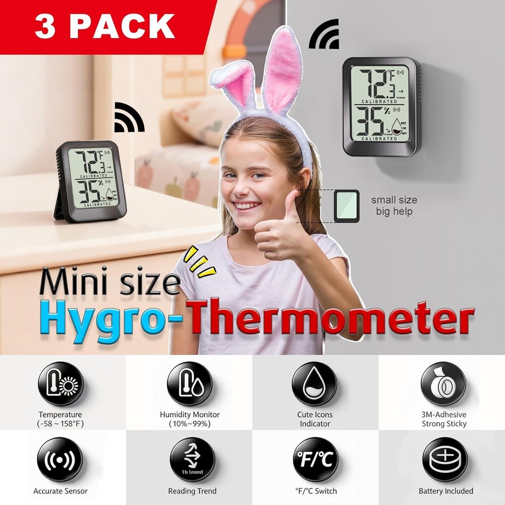 Digital Mini Hygrometer Thermometer 3 Pack Room Humidity