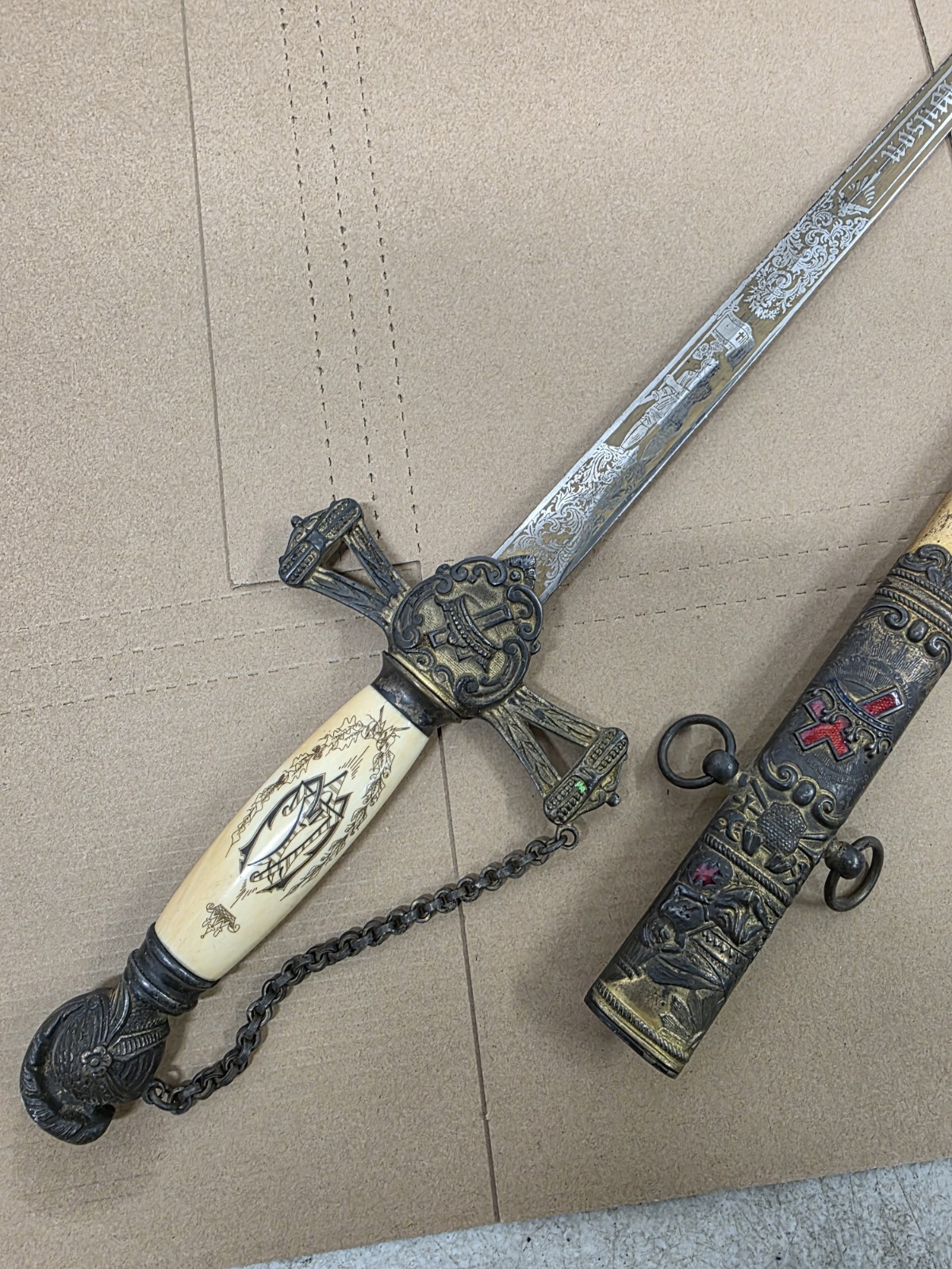 Vintage Late 1800s J.H. Wilson Knights Templar Ceremonial Sword Scrimshaw Handl