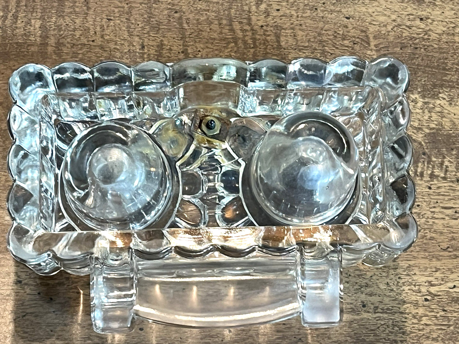 Antique "Tatum" Double Inkwell Pressed Glass w/Cast Iron Swivel Lids 1878-1900