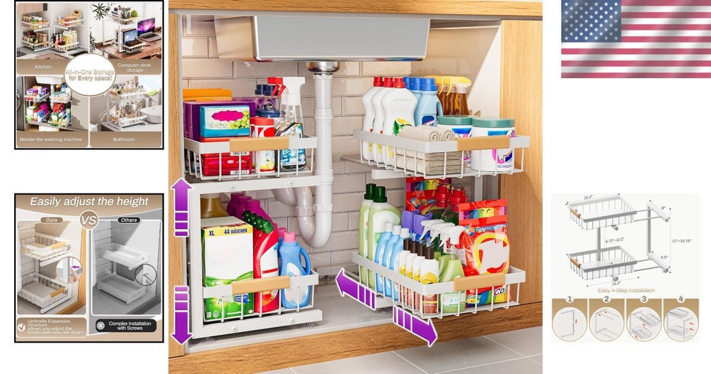 Space-Saving Under Sink Organizer with Adjustable Drawers for Kitchen & Bathroom