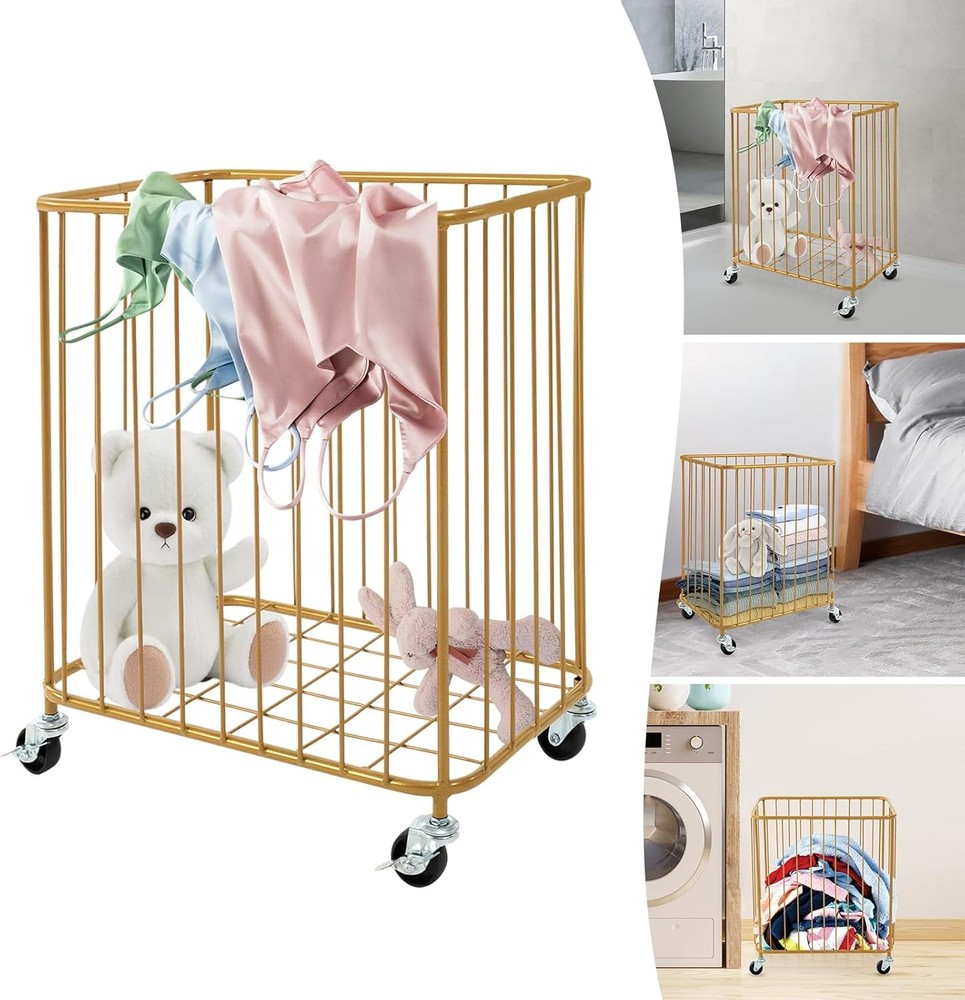 Gold Laundry Hamper With Wheels, Large Rolling Metal Laundry Basket Cart