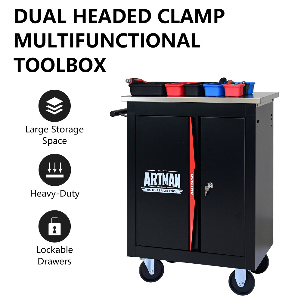 Double-Door Clapboard Multi-Function Tool Cart with Metal Back Panel & Wheels