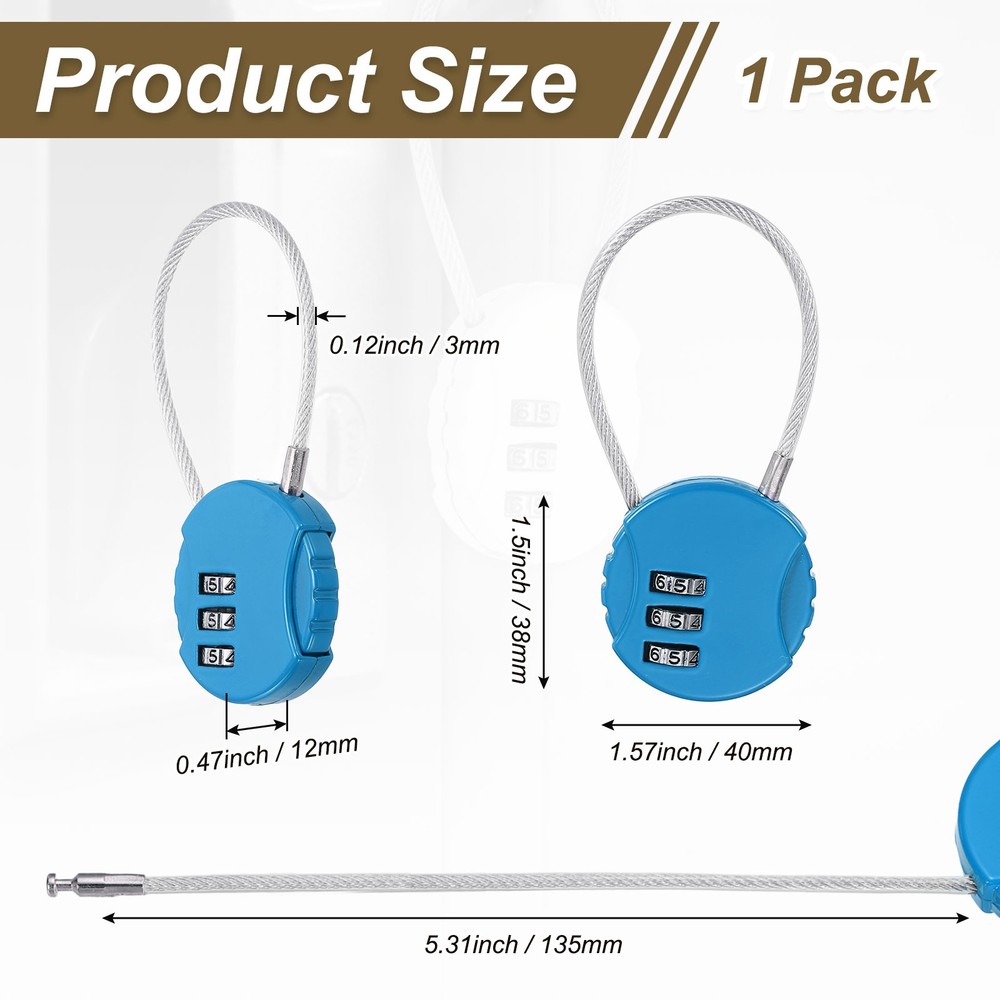 1-Pack Combination Padlock, 3 Digit Round Shaped Cable Luggage Lock [Blue]