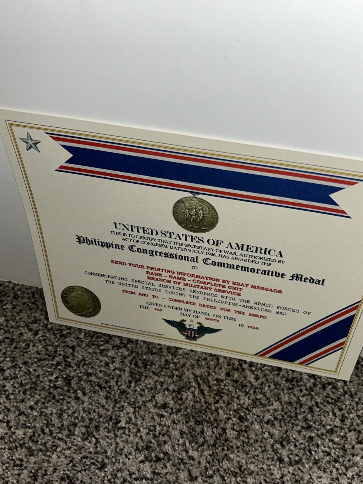 PHILIPPINE CONGRESS COMMEMORATIVE MEDAL CERTIFICATE ~ W/PRINTING TYPE-1