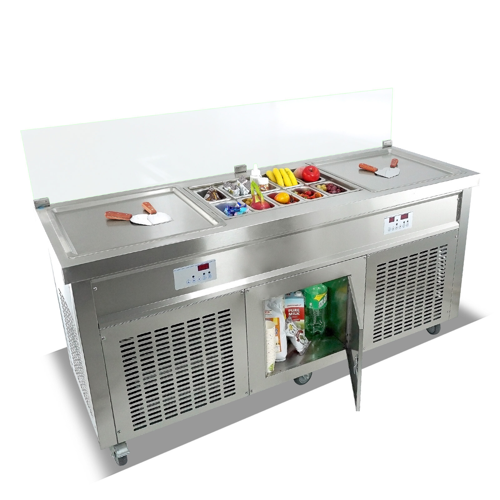 Kolice double square pans roll ice cream machine with 10pcs refrigerated tank