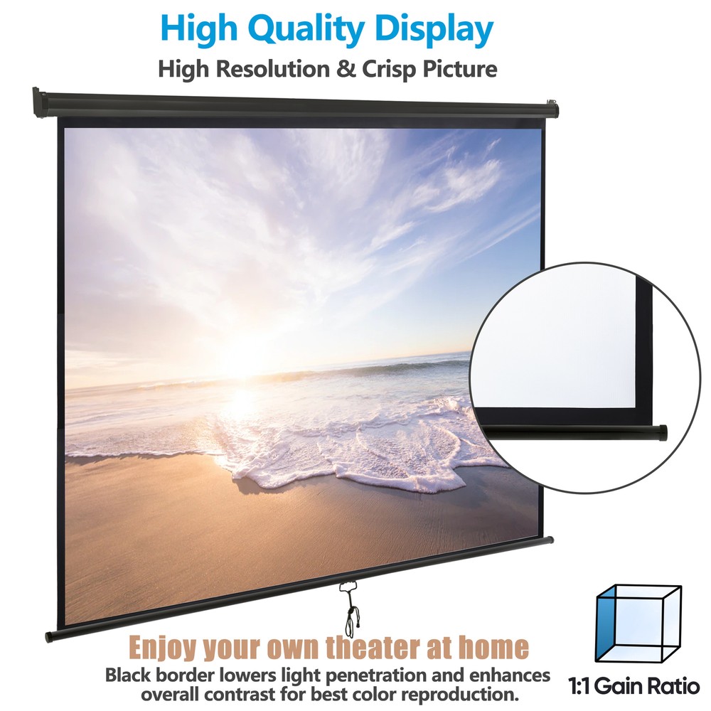 Projector Screen Manual Pull Down HD 120'' Black Projection Screen for Theater