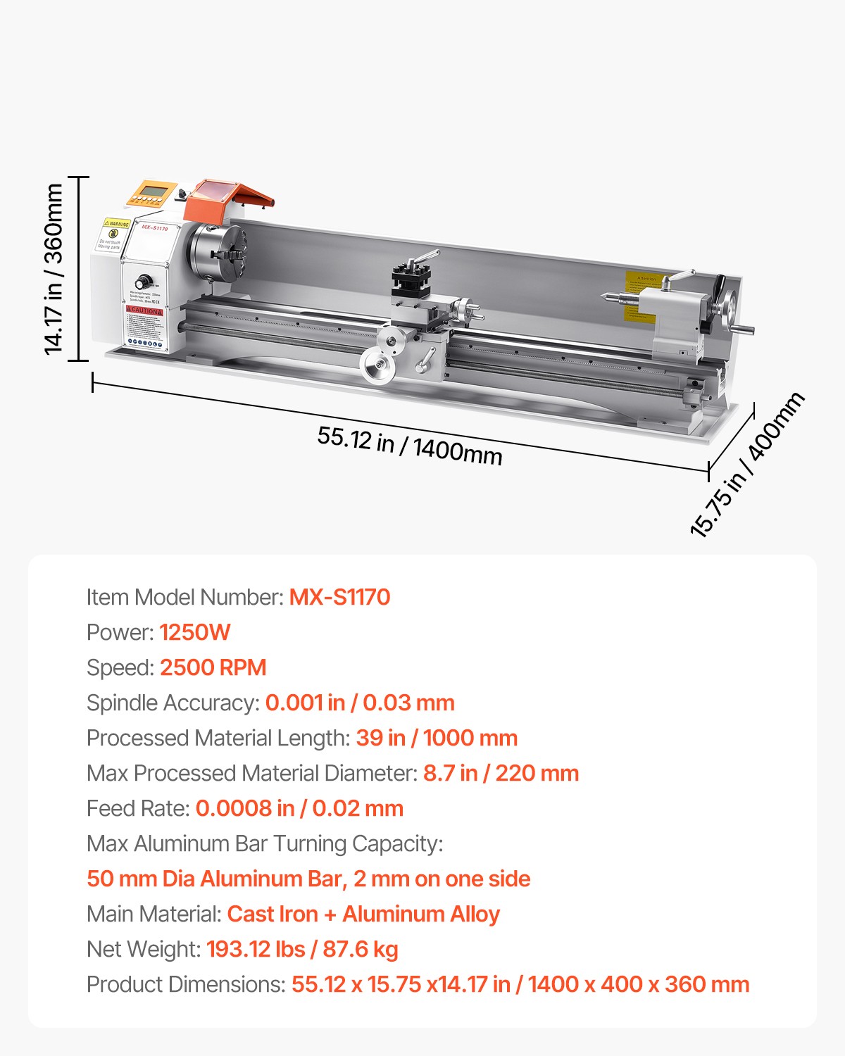 VEVOR Metal Lathe Machine 8.7 x 39in Precision Bench Power Metal Lathe Automatic