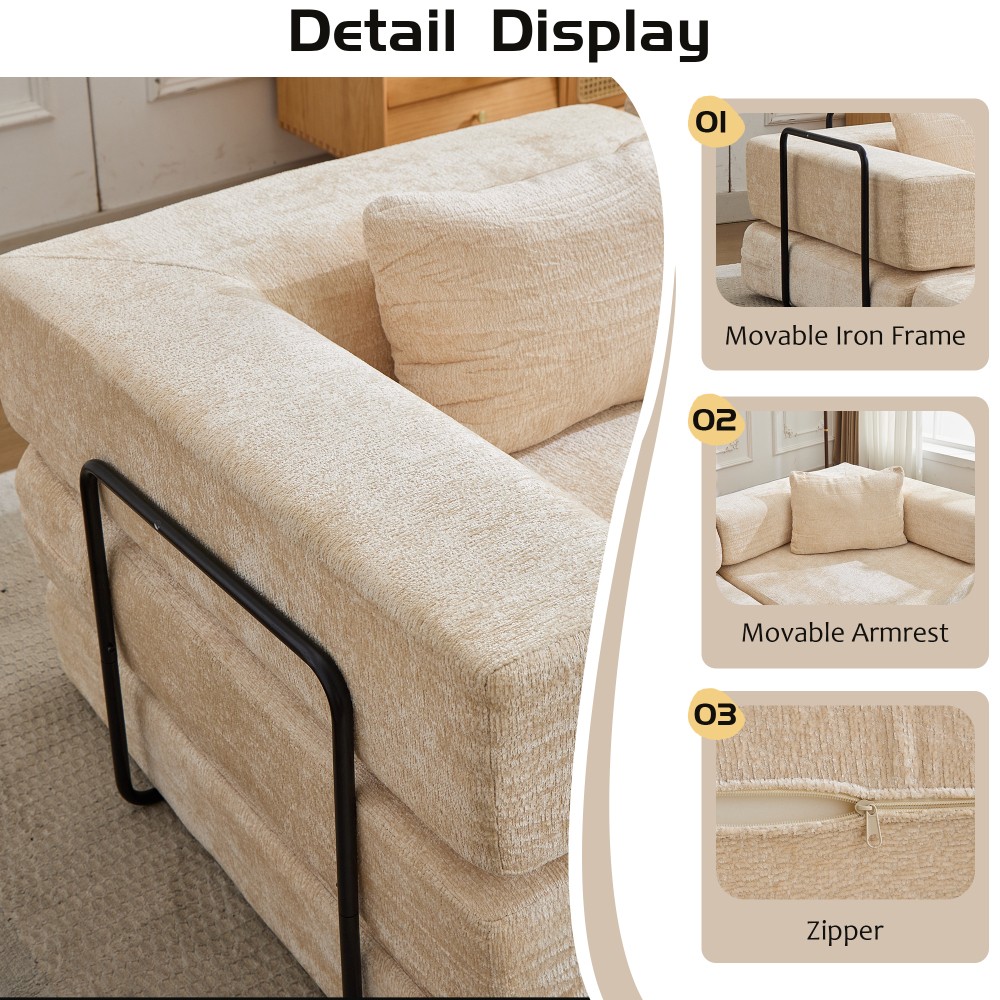 Convertible Floor Sofa Bed w/Fixed Frame, Chenille, Beige, No Assembly