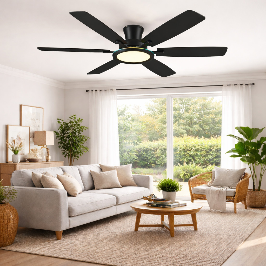 Kviflon 55in Flush Mount Ceiling Fan with RGB Light Low Profile Remote APP