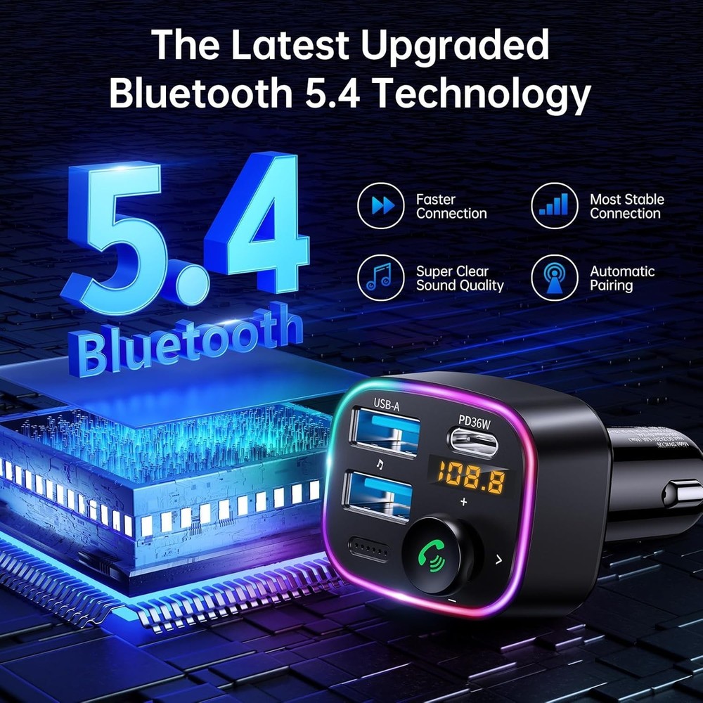 Syncwire Bluetooth 5.3 FM Transmitter Car Adapter 48W (PD 36W & 12W) [Light Swit