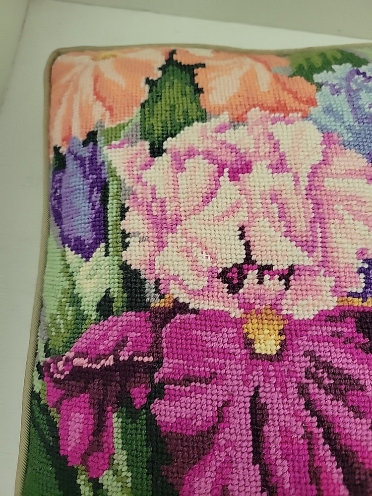 Vintage Needlepoint Pillow Iris Green Square