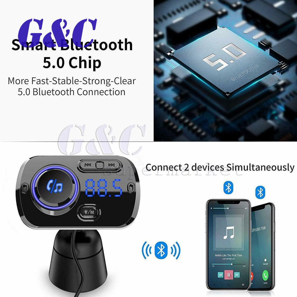 Bluetooth 5.0 Handsfree Car Kit FM Transmitter MP3 Player & USB Fast Charger AUX