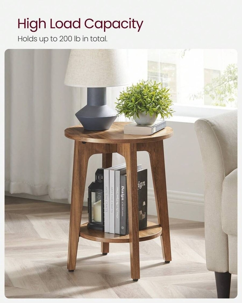 VASAGLE Brown Round End Table 2-Tier Side Table Nightstand for Small Spaces