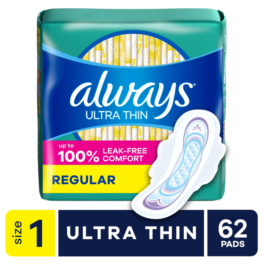 (6 pack) Always Ultra Thin Pads with Wings, Size 1, Regular, 62 Count