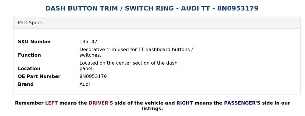DASH BUTTON TRIM / SWITCH RING - AUDI TT - 8N0953179