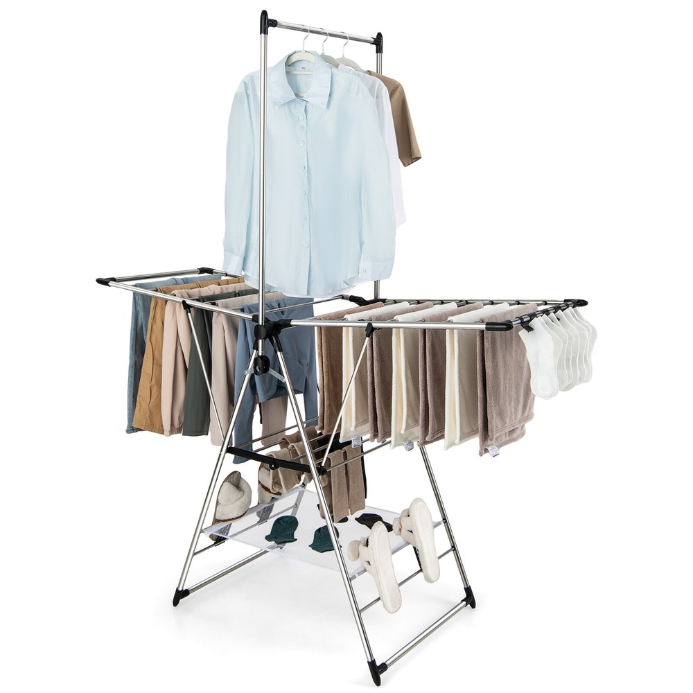 2-Layer Aluminum Foldable Drying Rack w/ Hanging Bar & 2 Height-adjustable Wings