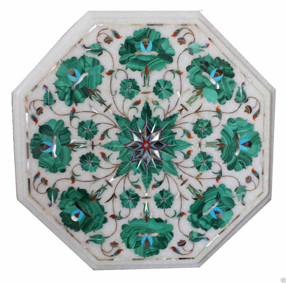 12" Marble corner side table semi precious stones malachite handmade inlay work