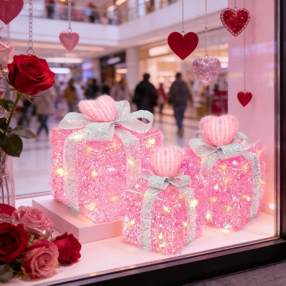 Timer & 8 Mode 3 Pack Pink Valentines Decorations Valentines Lighted Gift Boxes
