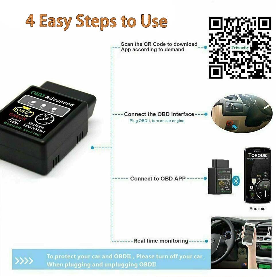 Bluetooth OBD2 OBDII Car Diagnostic Scanner Auto Fault Code Reader Tool ELM327