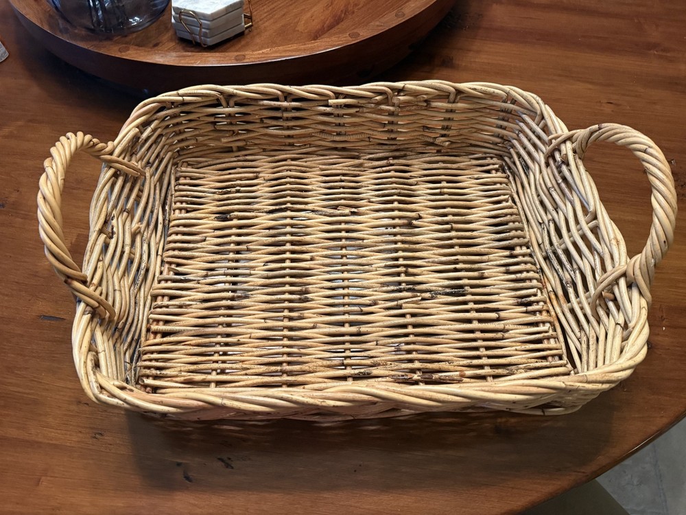 Large Rectangular Basket Wicker Rattan Tray with Handles 21x14x3.5"