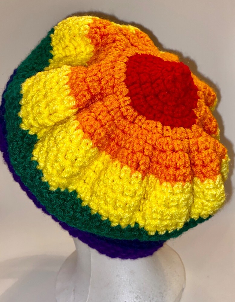 Rainbow Hand Knitted Crocheted Hat Cap Unisex Multi Colored