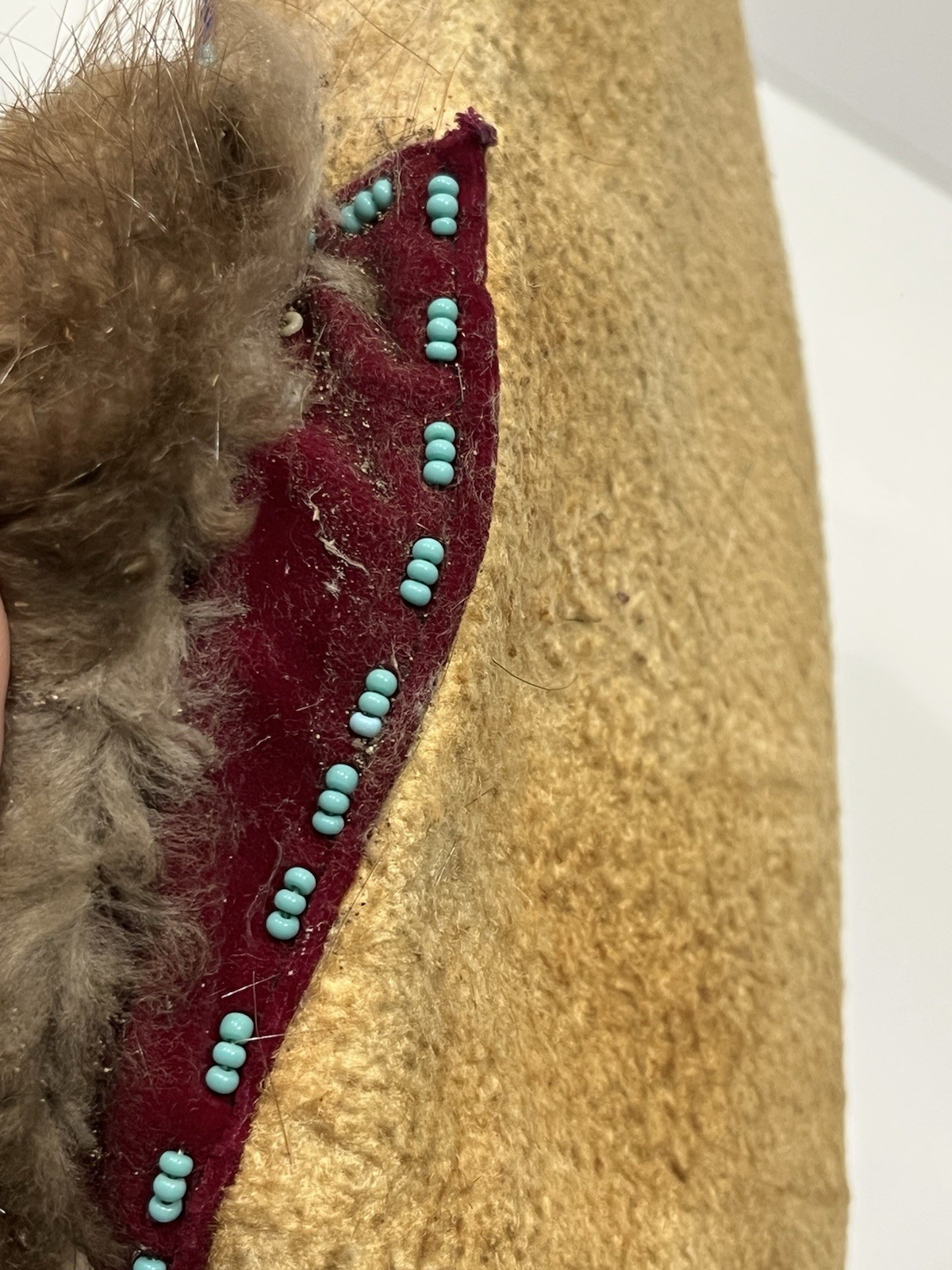 Single Vintage Beaded Indian Moccasin On Hide -Rabbit Fur With Floral Beading