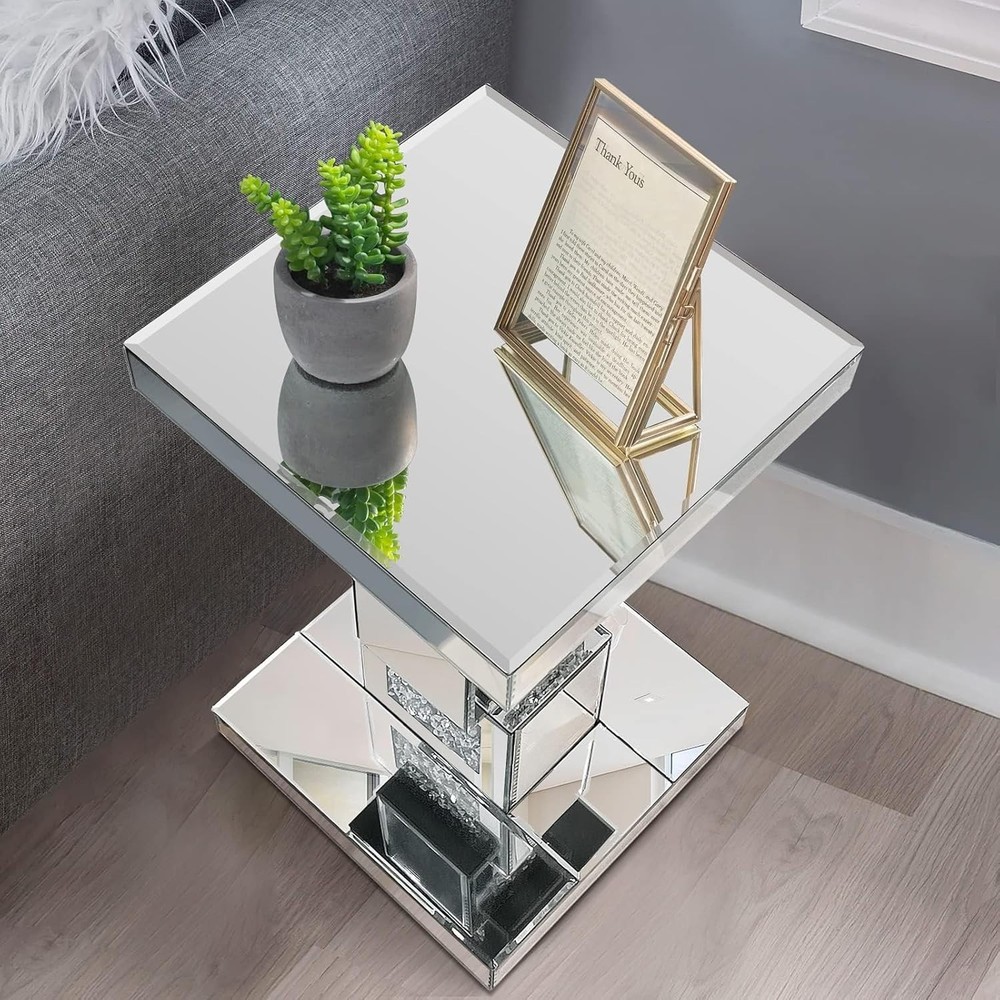 20"Silver Mirrored End Table With Crystal Inlay, Modern Side Table Accent Table