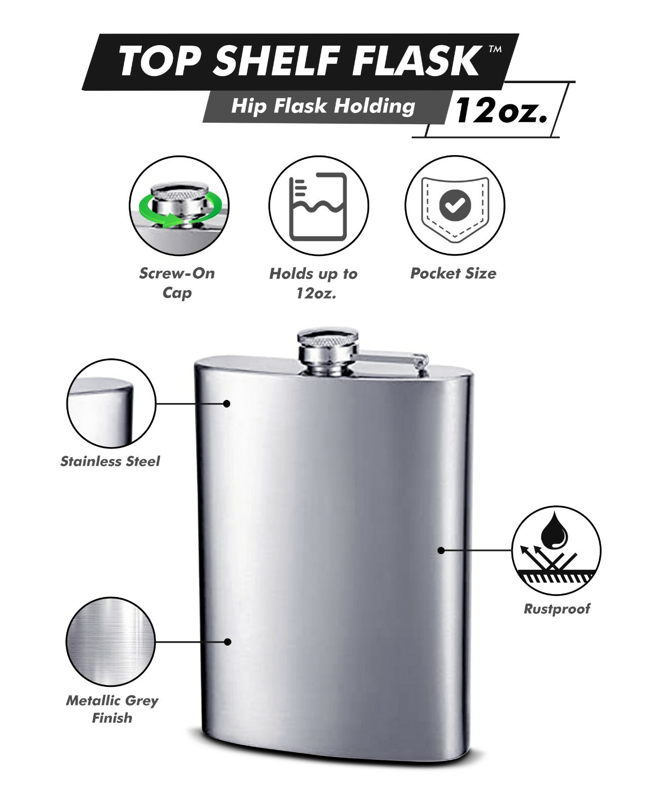 Plain 12 oz Stainless Steel Hip Flask - No Personalization