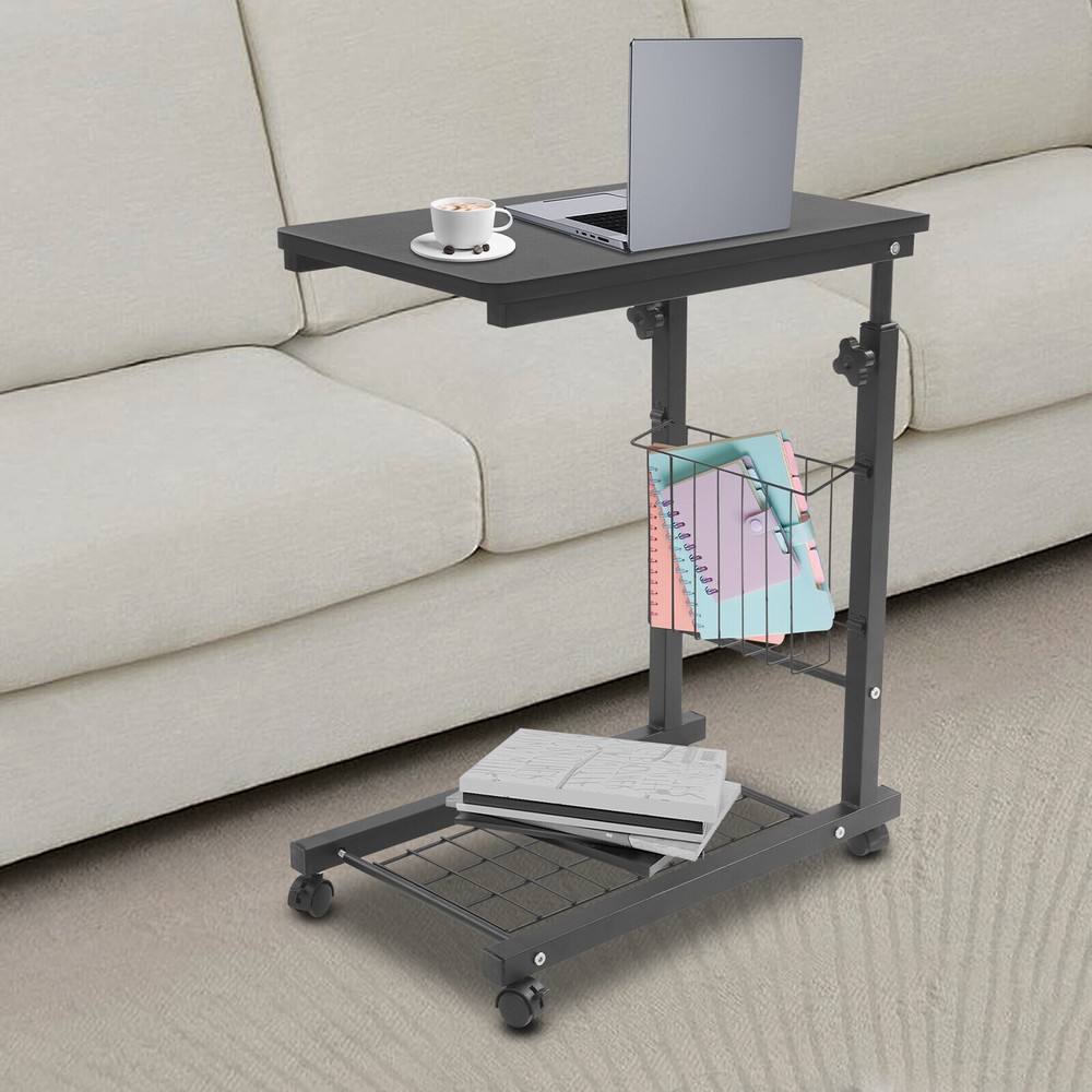 2 Tiers Adjustable Bed Side Table Black Indoor Mobile Standalone Table w/ Wheels