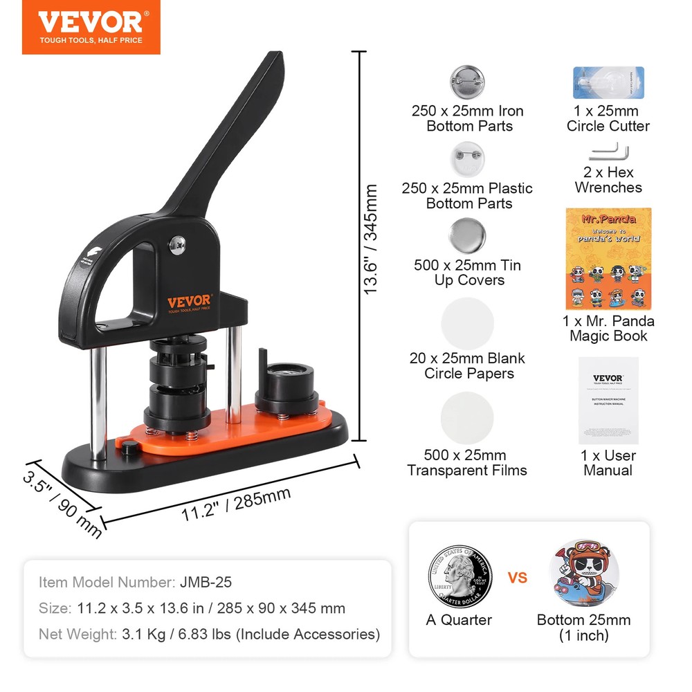 Button Maker 25/32/58 Pin Maker with Button Parts Ergonomic Arc Punch Press Kit