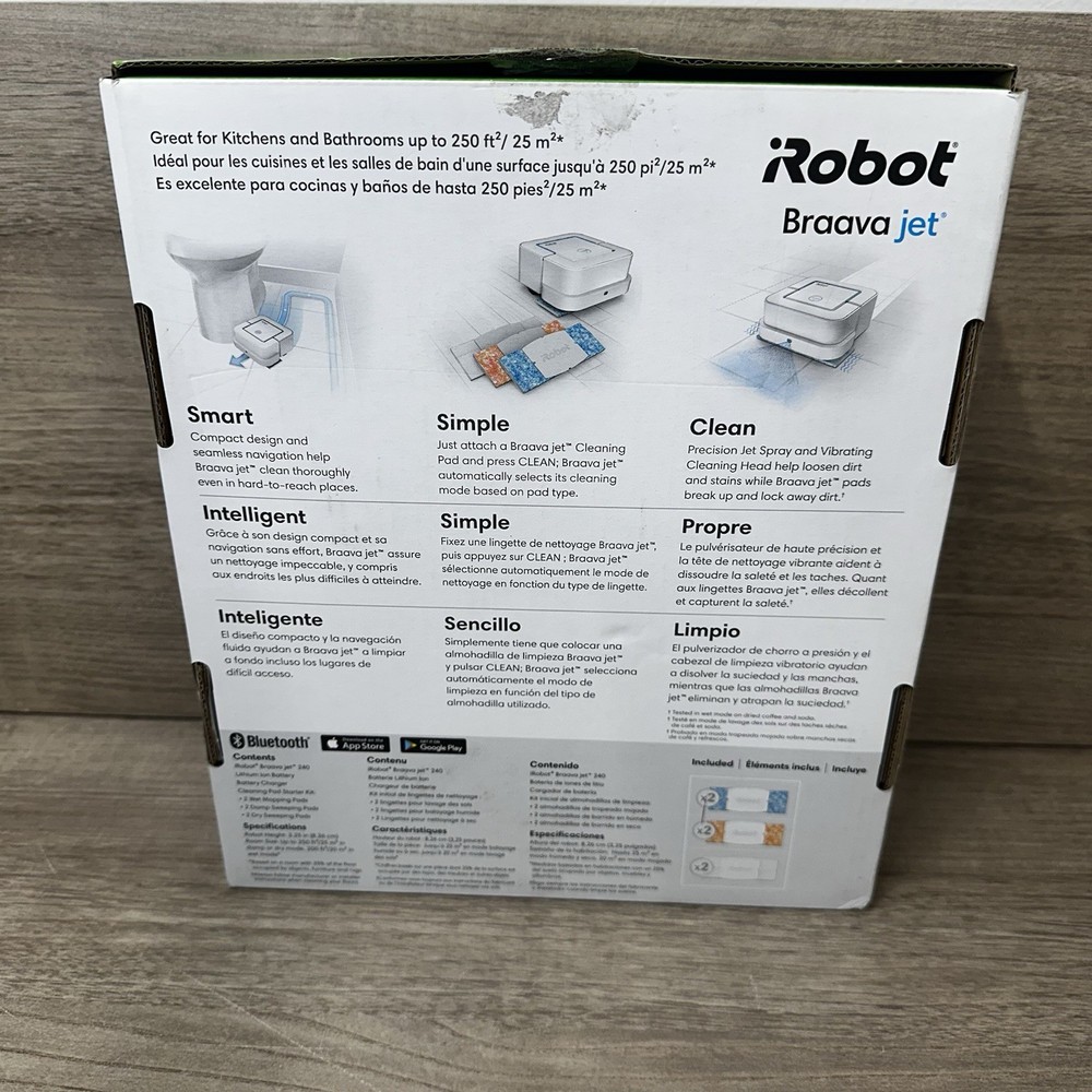 iRobot Braava jet 240 White Automatic Bluetooth Compact Smart Mopping Robot NEW