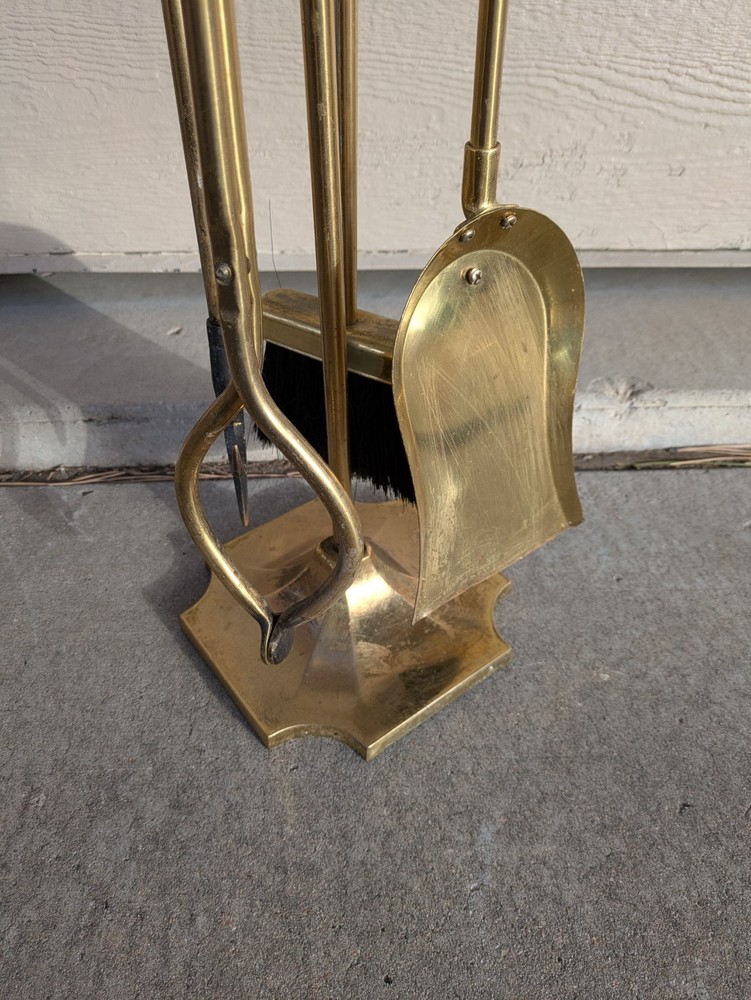 Vintage Art Deco Brass Fireplace Tools Set - 4 Tools + 1 Stand - V53