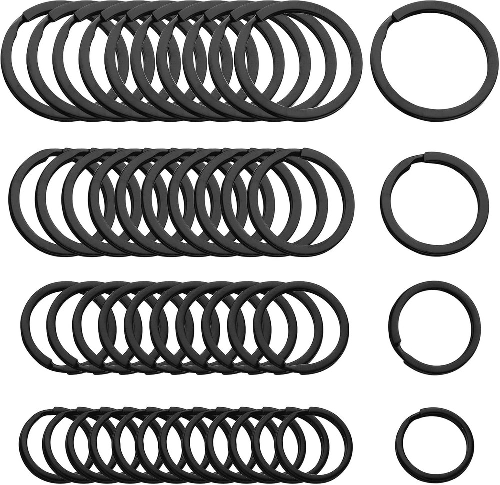 40 Pack Black Key Ring Keychain Assorted in 4 Sizes Metal Round Split Key Chains