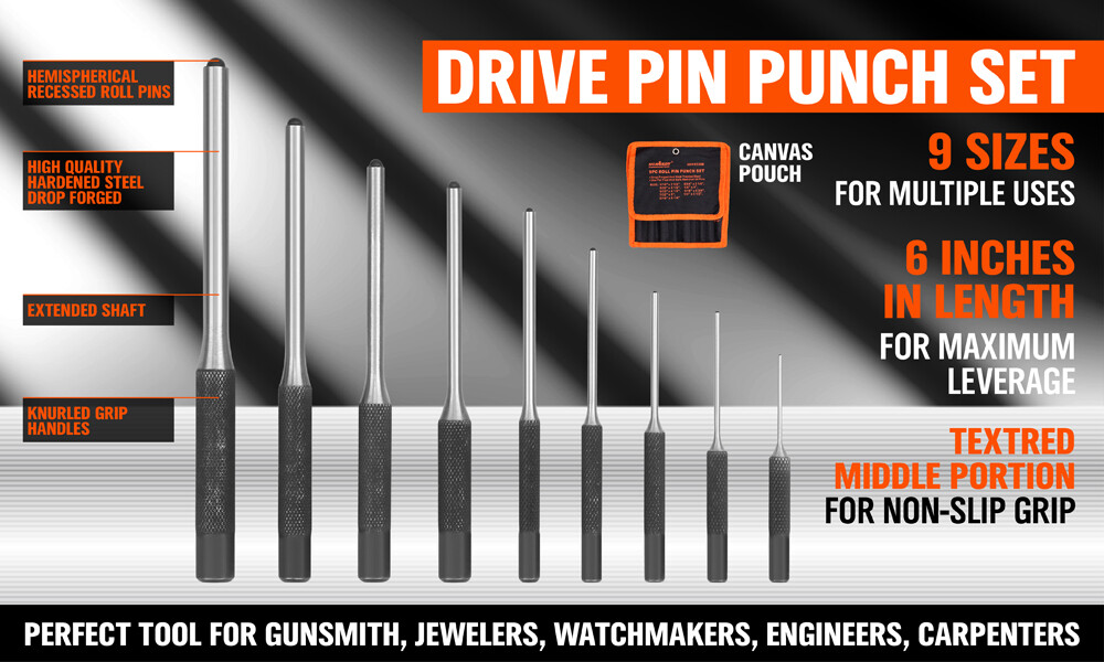 9pc Forged Steel Roll Pin Punch Set With Storage Pouch Jewelry Watches Gun Rifle