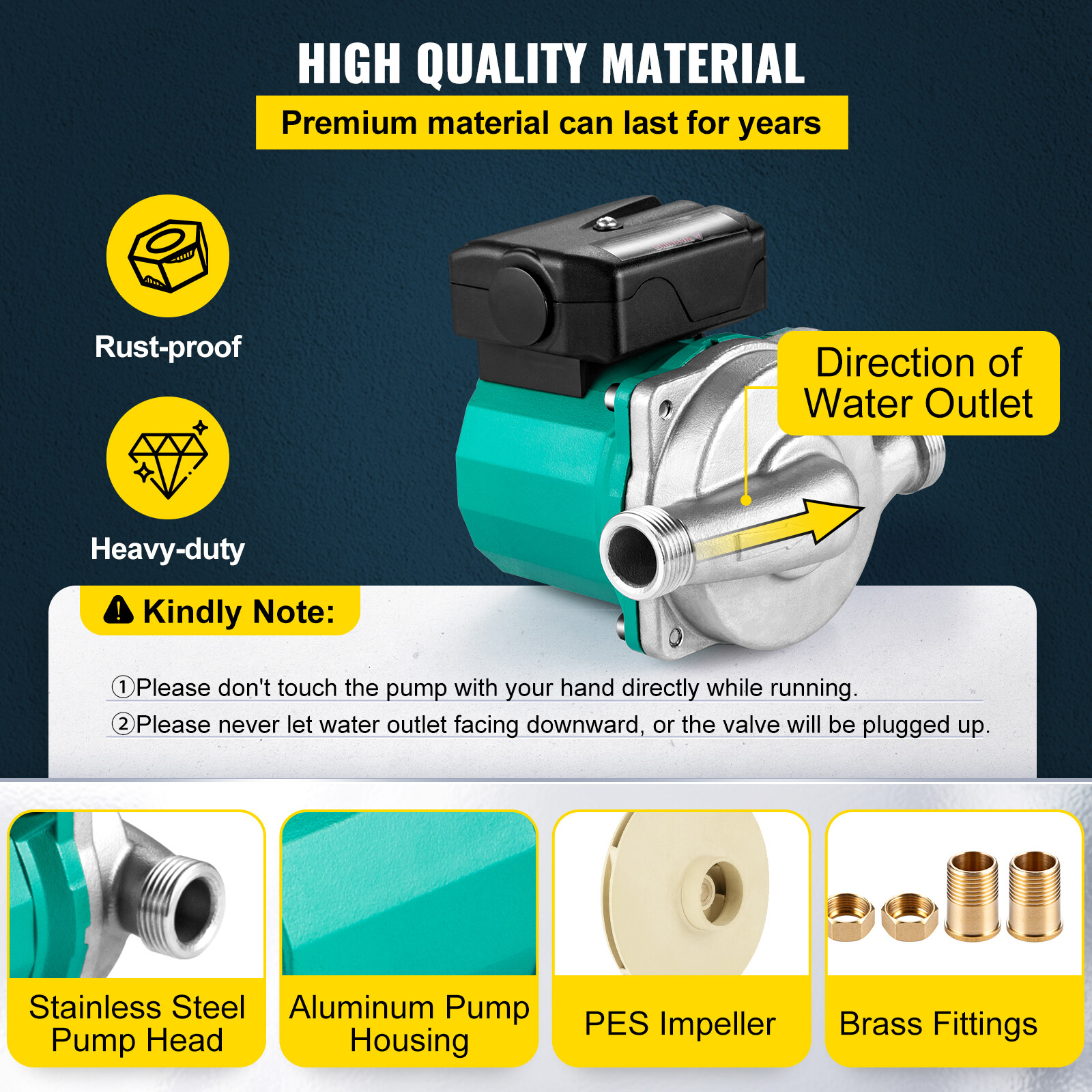 VEVOR Hot Water Circulation Pump 3-Speed Domestic Pump 93W Stainless Steel