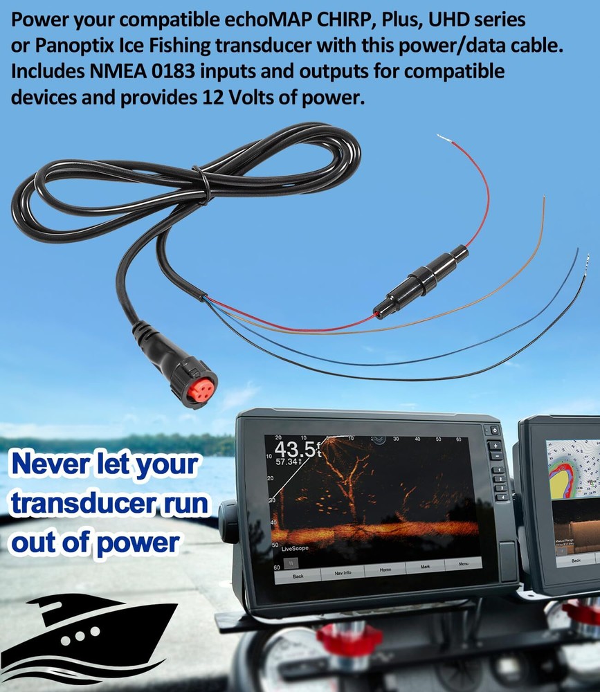 For Garmin Transducers echoMAP 010-12445-00 Power/Data Cable Threaded 4-Pin