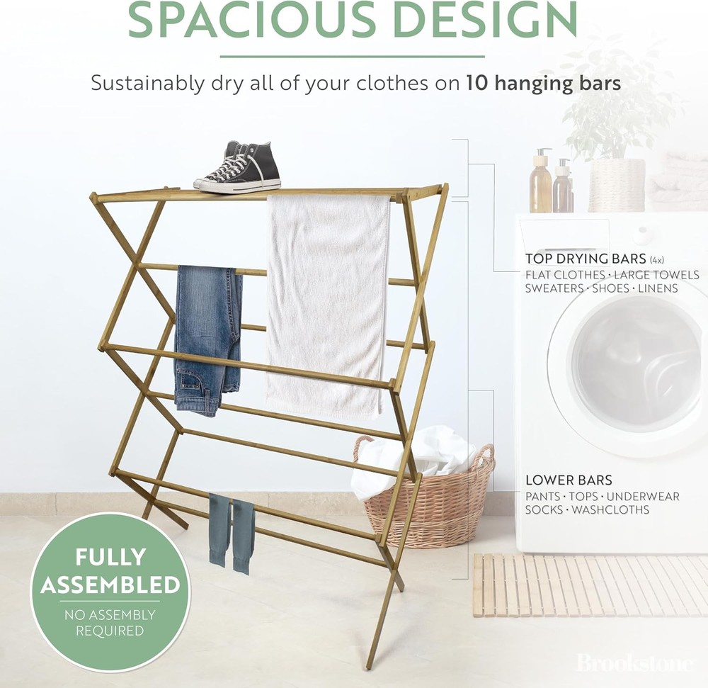 Eco-friendly Bamboo Drying Rack, Foldable Laundry Rack, 10 Hanging Bars