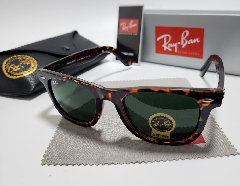 Ray-Ban RB2140 Wayfarer Classic Sunglasses Tortoise Brown Frame Glass Green Lens