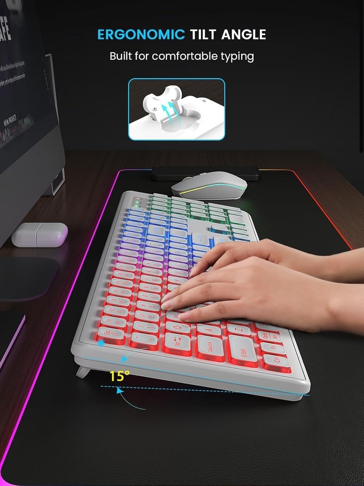 Wireless Backlit Keyboard & Mouse – Quiet, Rechargeable, USB, White Combo