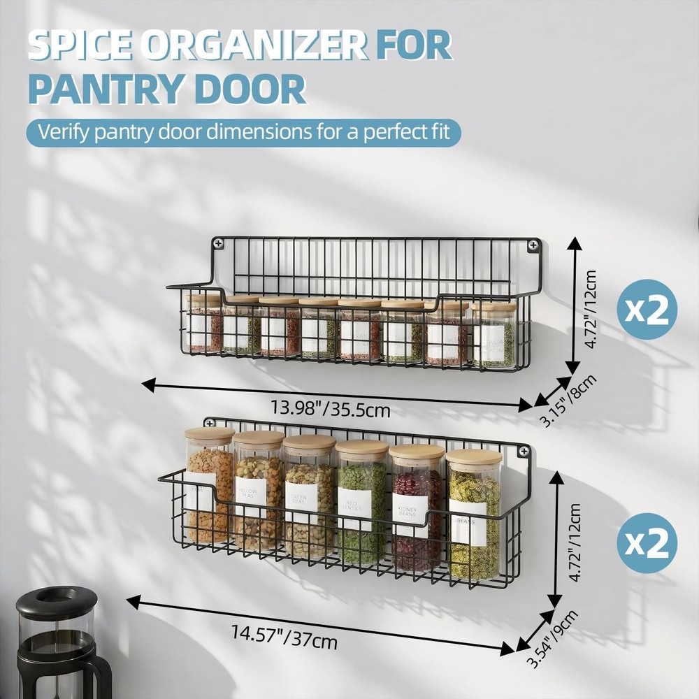 AURIKAR Spice Rack: Wall Mount Organizer Set - Maximize Space in Black, 4 Pack