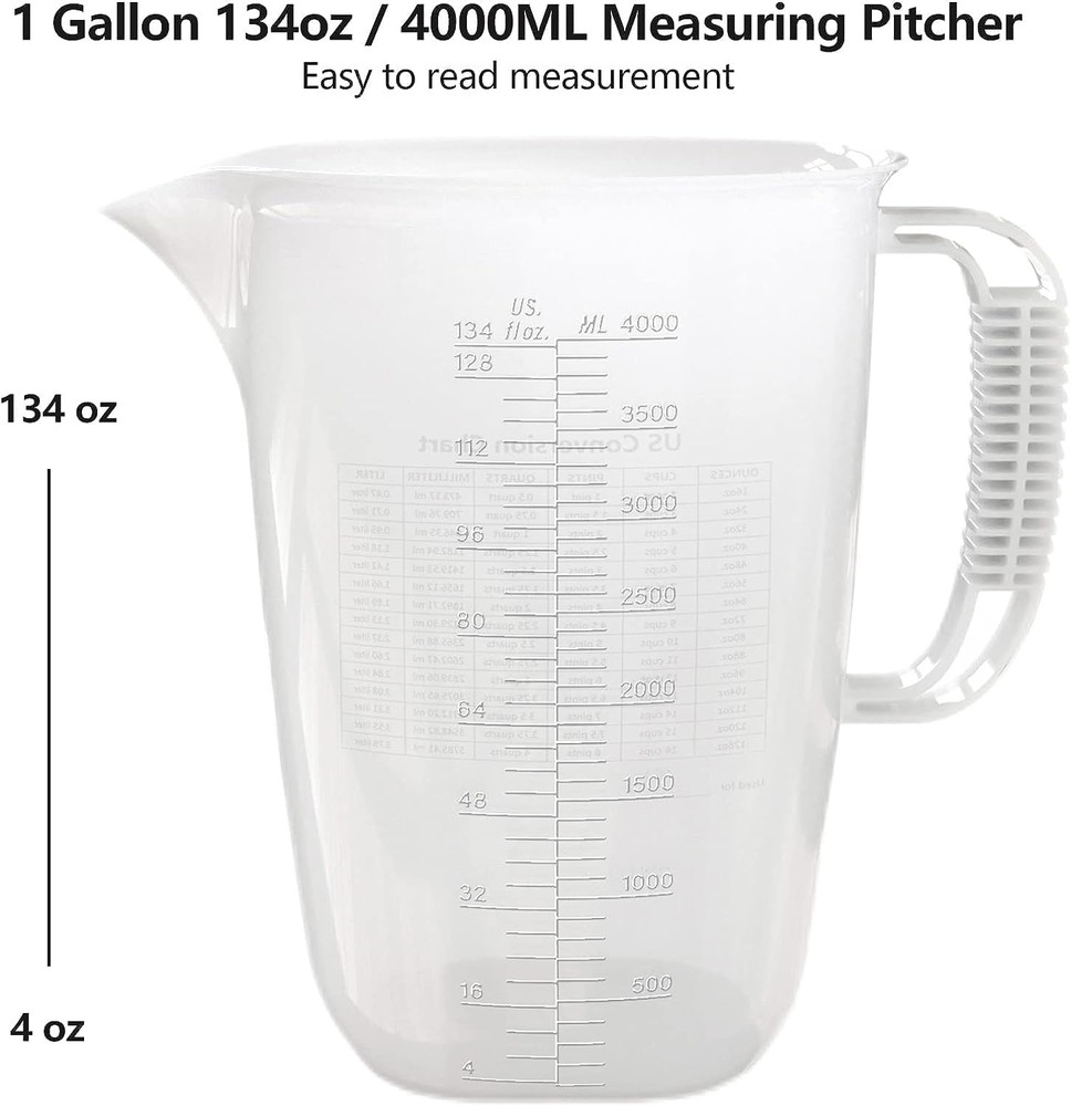 1 Gallon Measuring Pitcher-Convenient Conversion Chart,134Oz Extra Large Plastic