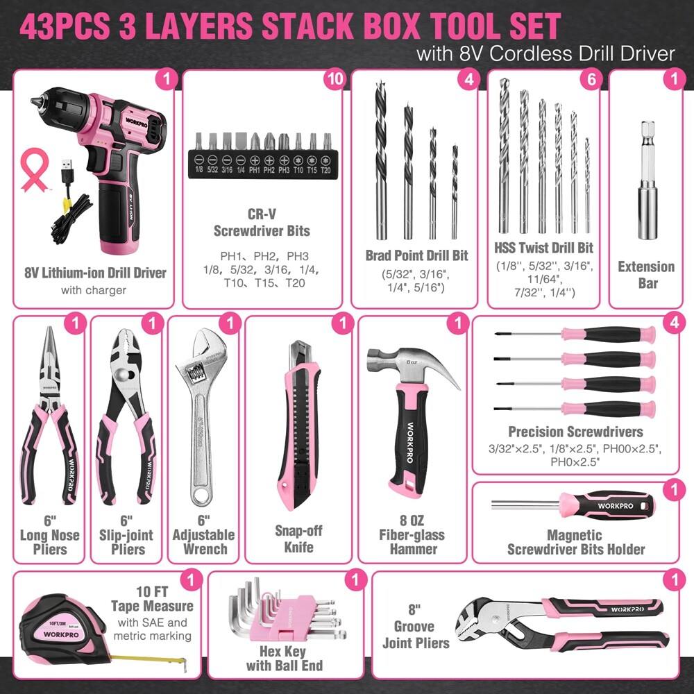 WORKPRO 8V Pink Cordless Drill Driver 43PCS Tool Set Lithium-ion Power Drill Bit