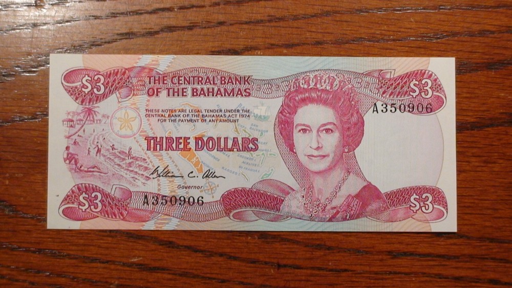 1984 BAHAMAS MONETARY AUTHORITY Three Dollar Note UNCIRCULATED $3 Bill!