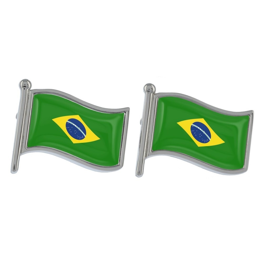 Brazil Wave Flag Silver Cufflinks in Gift Box