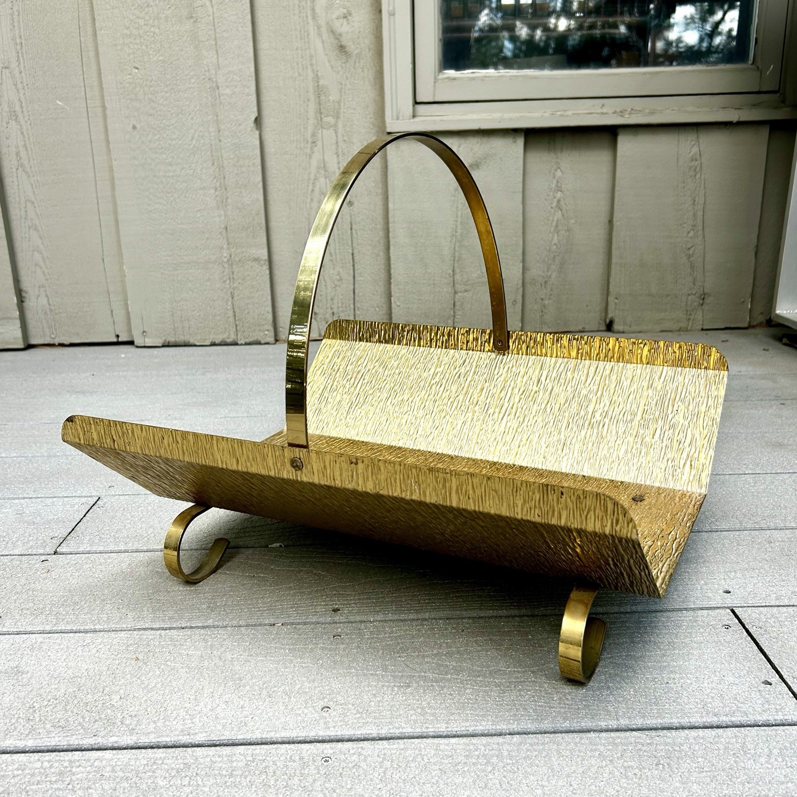 VTG Mid Century Brutalist Metal Brass Log Holder Hearth Fireplace 18x15.5x7