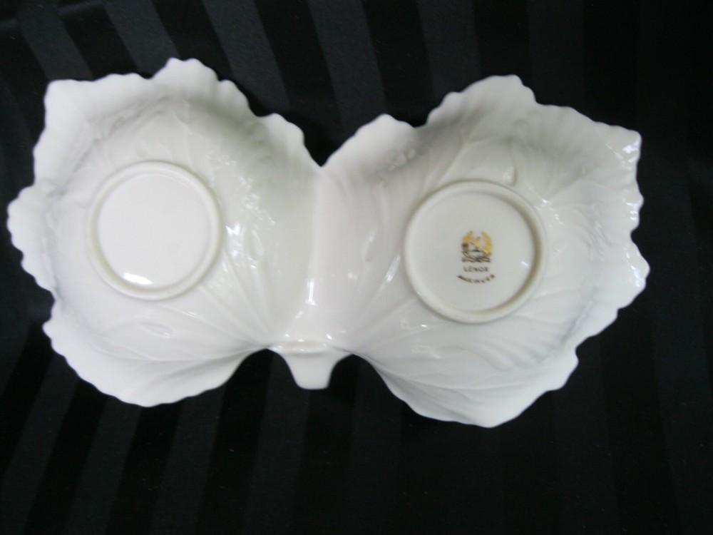 C-158 Lenox Bisque Double Leaf Handled Candy Nut Dish with Gold Trim